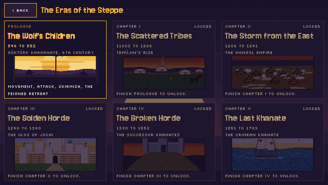 Chapter select showing six eras of the steppe